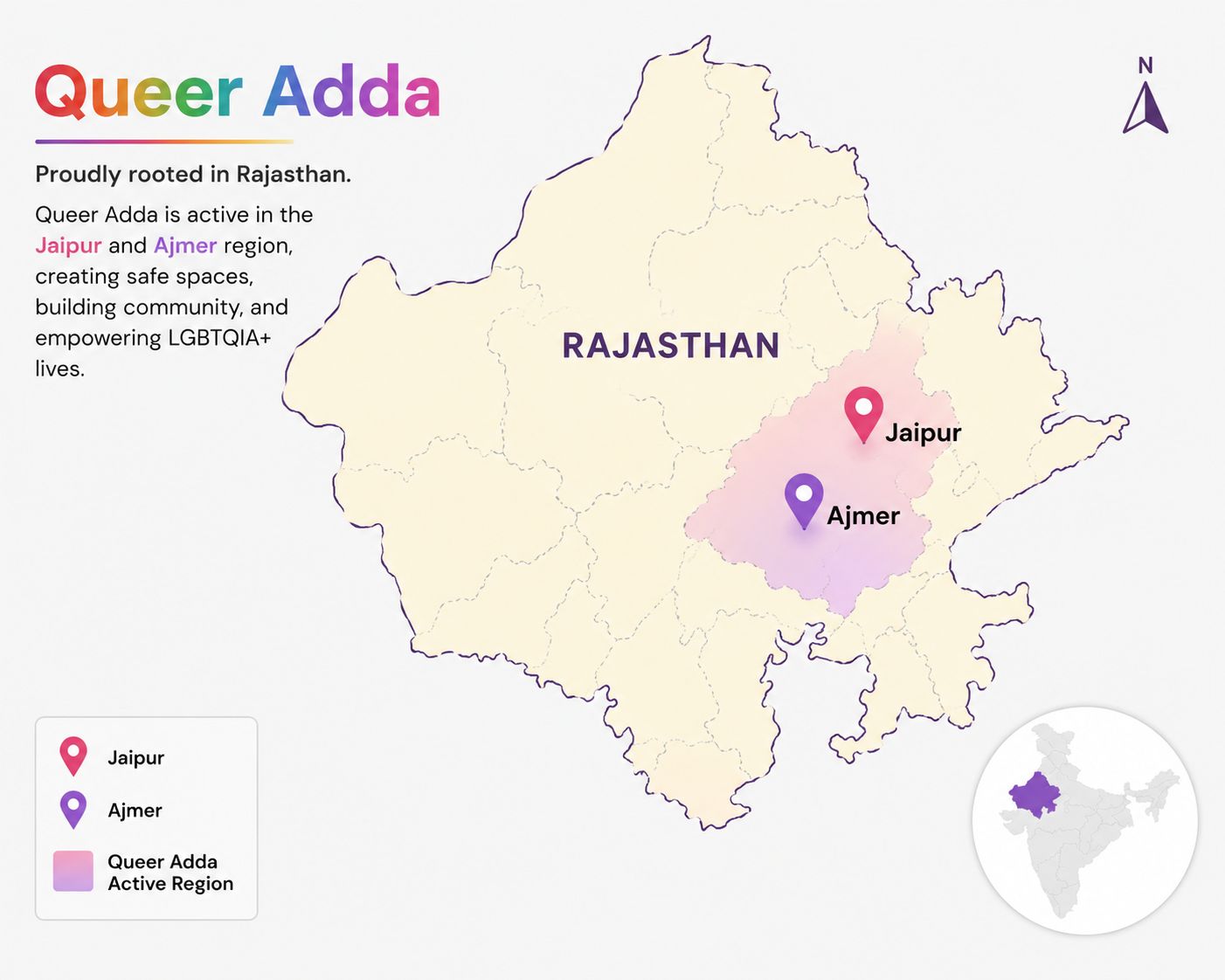 Map of Rajasthan showing Queer Adda regions in Jaipur and Ajmer